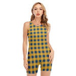 Blue And Yellow Buffalo Check Print Sleeveless One Piece Swimsuit