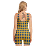 Blue And Yellow Buffalo Check Print Sleeveless One Piece Swimsuit