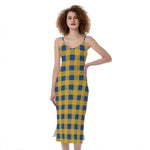 Blue And Yellow Buffalo Check Print Slim Fit Midi Cami Dress