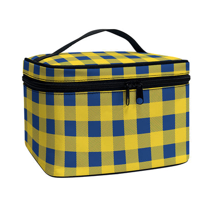 Blue And Yellow Buffalo Check Print Travel Makeup Bag