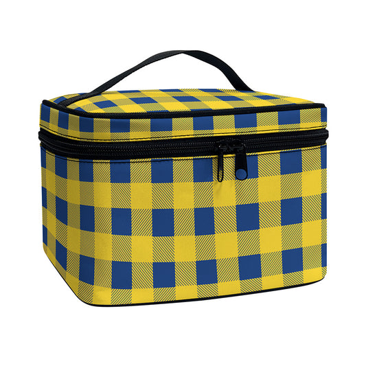 Blue And Yellow Buffalo Check Print Travel Makeup Bag