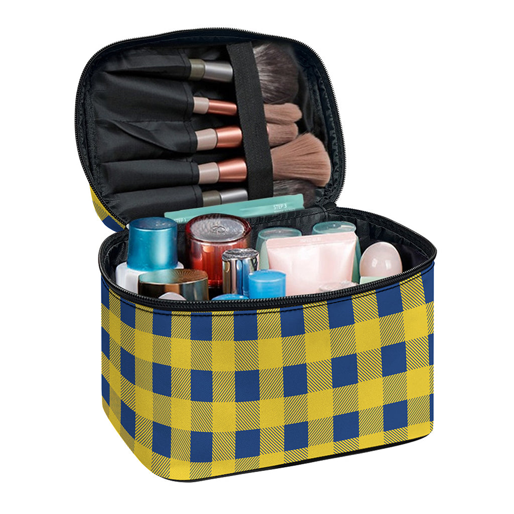 Blue And Yellow Buffalo Check Print Travel Makeup Bag