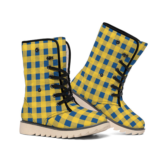 Blue And Yellow Buffalo Check Print Winter Boots