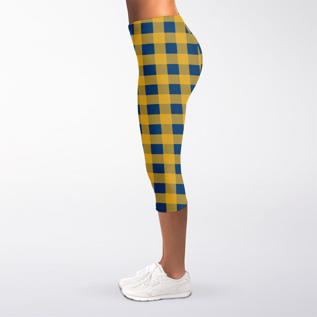 Blue And Yellow Buffalo Check Print Women's Capri Leggings