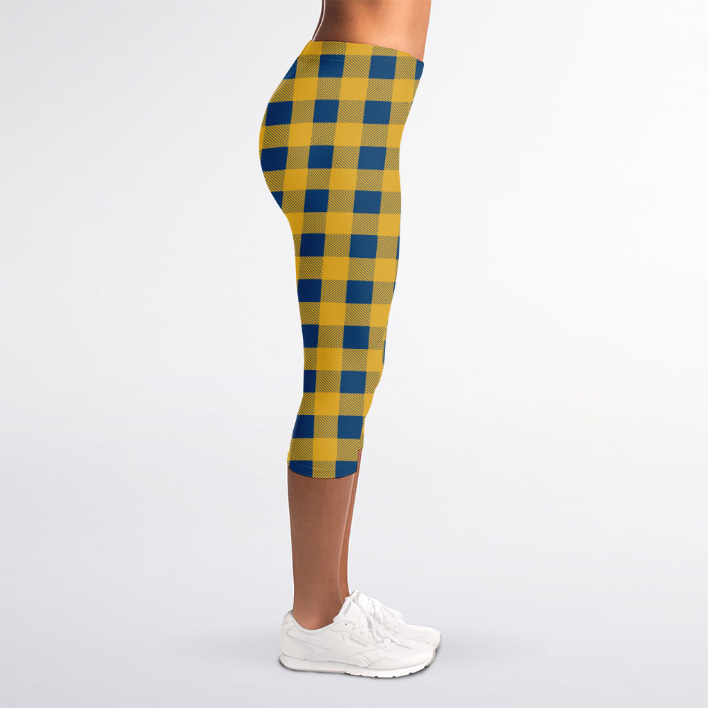 Blue And Yellow Buffalo Check Print Women's Capri Leggings