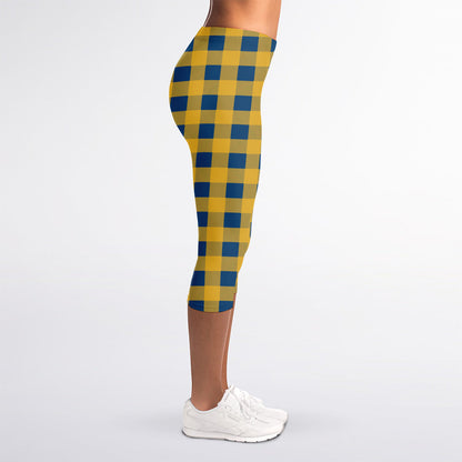 Blue And Yellow Buffalo Check Print Women's Capri Leggings