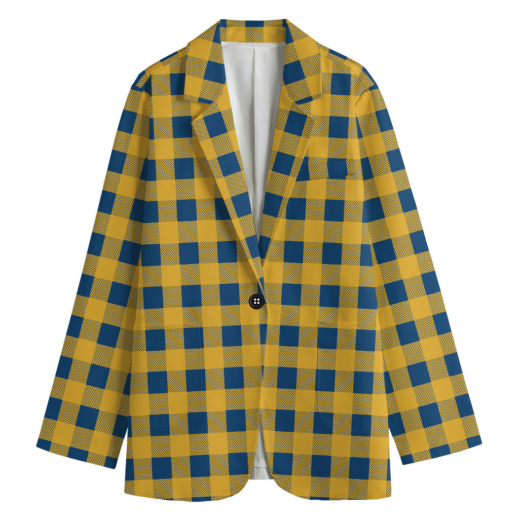 Blue And Yellow Buffalo Check Print Women's Cotton Blazer