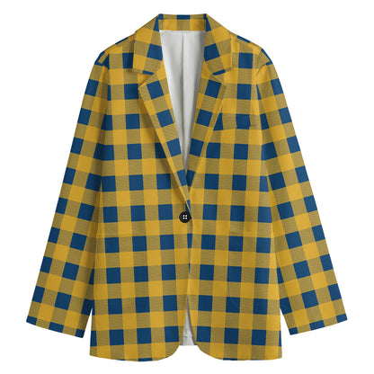 Blue And Yellow Buffalo Check Print Women's Cotton Blazer