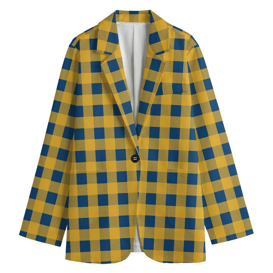 Blue And Yellow Buffalo Check Print Women's Cotton Blazer