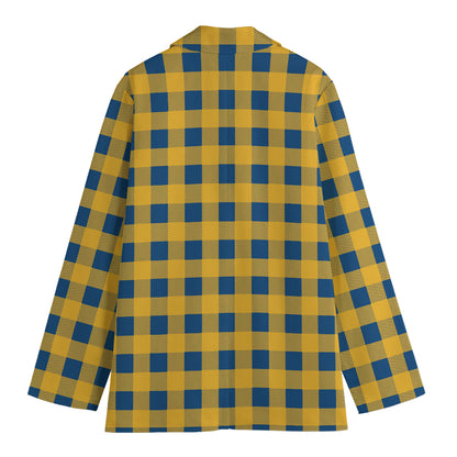 Blue And Yellow Buffalo Check Print Women's Cotton Blazer