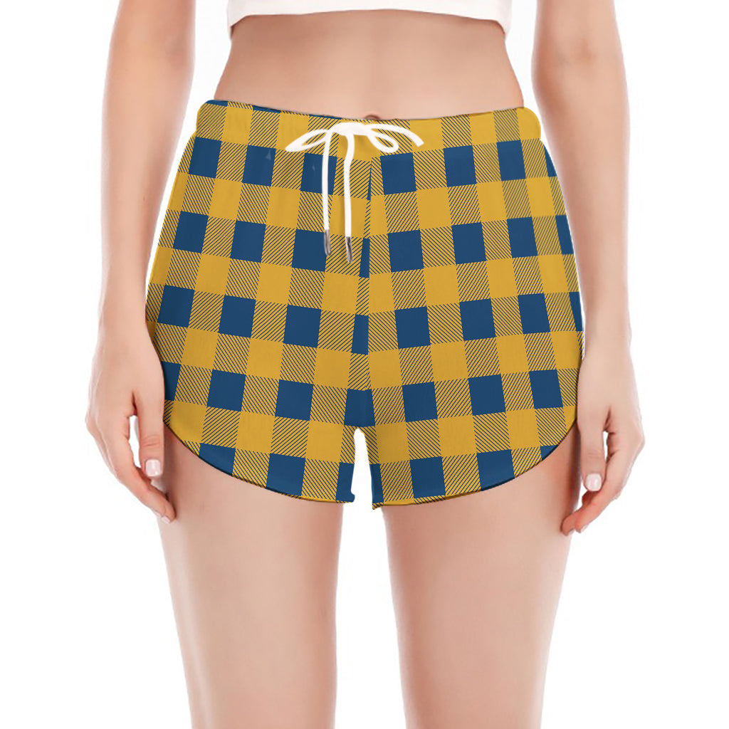 Blue And Yellow Buffalo Check Print Women's Split Running Shorts