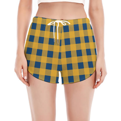 Blue And Yellow Buffalo Check Print Women's Split Running Shorts