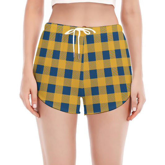Blue And Yellow Buffalo Check Print Women's Split Running Shorts