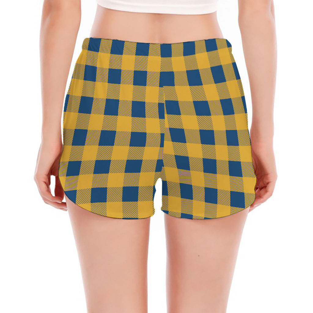 Blue And Yellow Buffalo Check Print Women's Split Running Shorts
