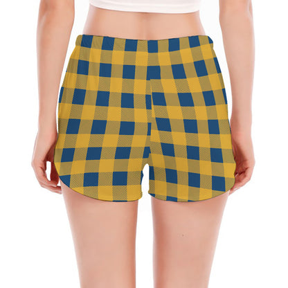 Blue And Yellow Buffalo Check Print Women's Split Running Shorts