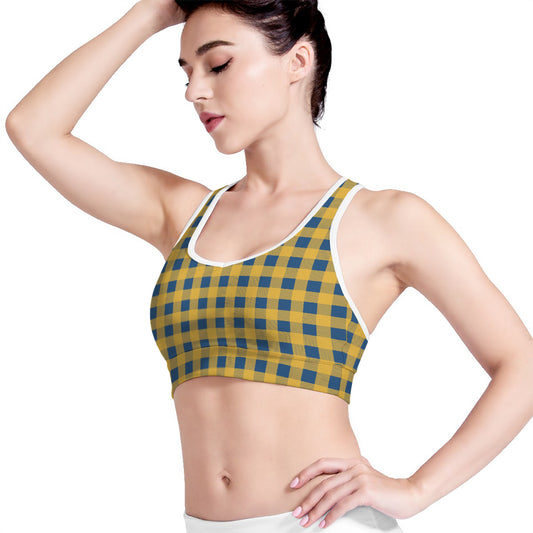 Blue And Yellow Buffalo Check Print Women's Sports Bra