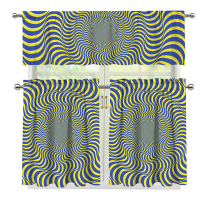 Blue And Yellow Illusory Motion Print 3 Piece Kitchen Curtains