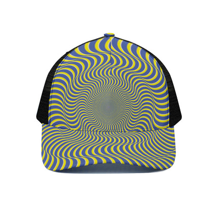 Blue And Yellow Illusory Motion Print Black Mesh Trucker Cap