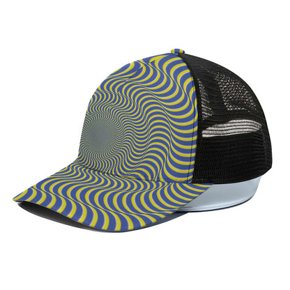 Blue And Yellow Illusory Motion Print Black Mesh Trucker Cap