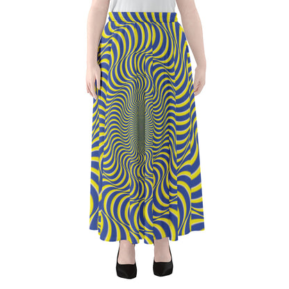 Blue And Yellow Illusory Motion Print Chiffon Maxi Skirt