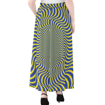 Blue And Yellow Illusory Motion Print Chiffon Maxi Skirt
