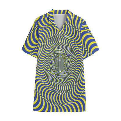 Blue And Yellow Illusory Motion Print Cotton Hawaiian Shirt