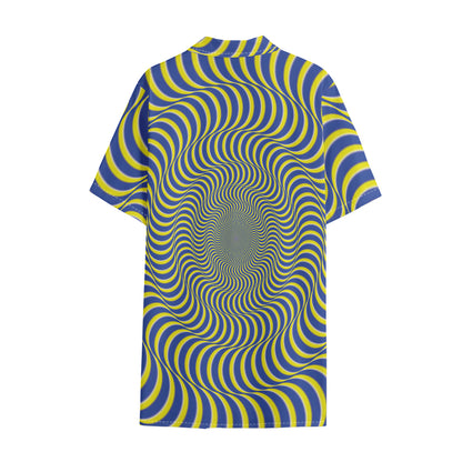 Blue And Yellow Illusory Motion Print Cotton Hawaiian Shirt