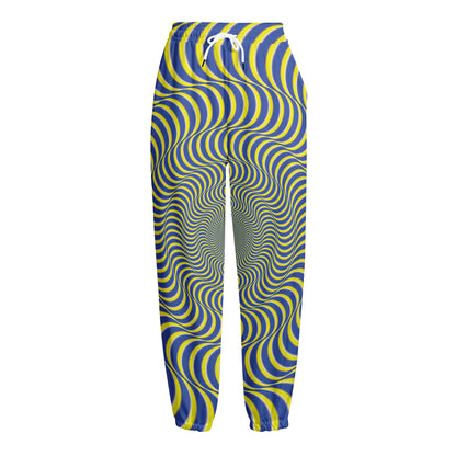 Blue And Yellow Illusory Motion Print Fleece Lined Knit Pants