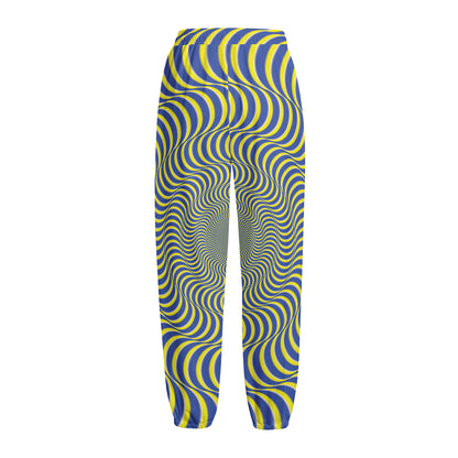 Blue And Yellow Illusory Motion Print Fleece Lined Knit Pants