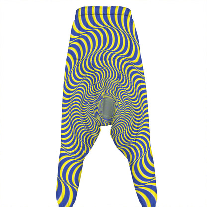 Blue And Yellow Illusory Motion Print Hammer Pants