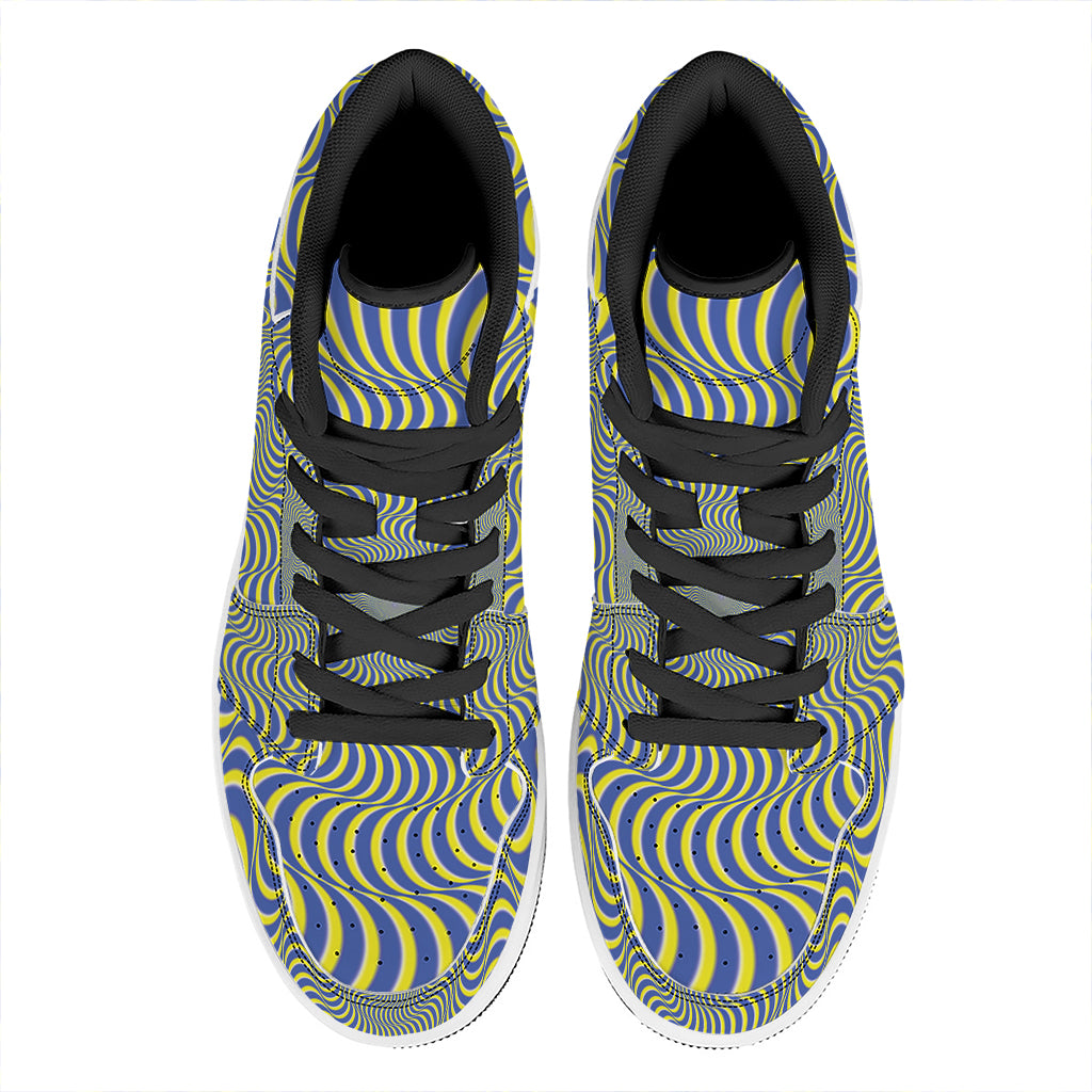 Blue And Yellow Illusory Motion Print High Top Leather Sneakers