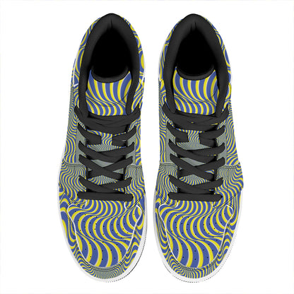 Blue And Yellow Illusory Motion Print High Top Leather Sneakers