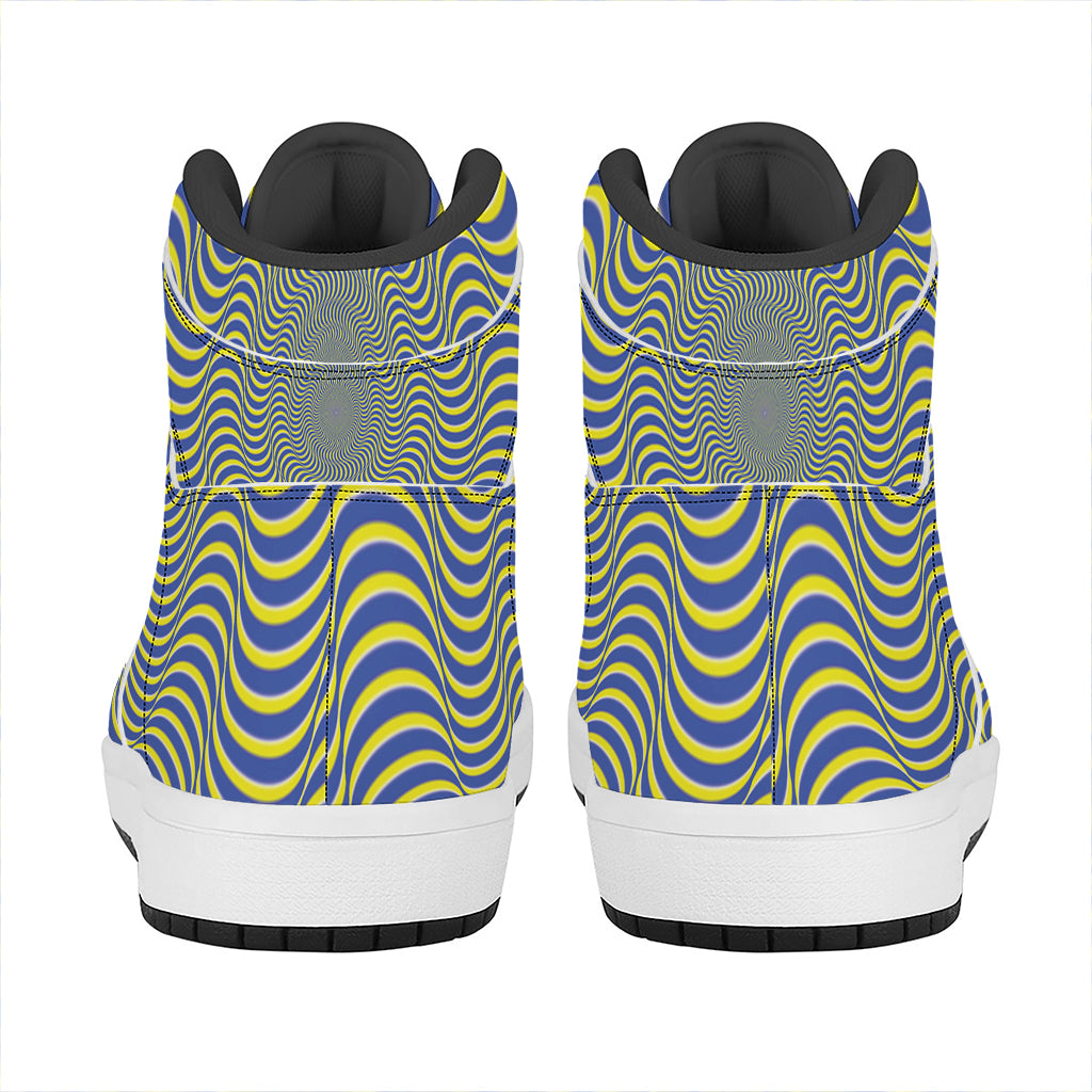 Blue And Yellow Illusory Motion Print High Top Leather Sneakers