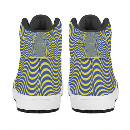 Blue And Yellow Illusory Motion Print High Top Leather Sneakers