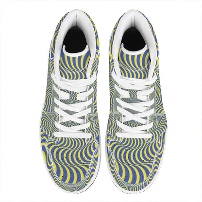 Blue And Yellow Illusory Motion Print High Top Leather Sneakers