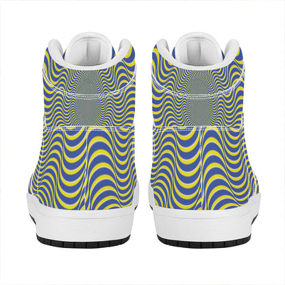 Blue And Yellow Illusory Motion Print High Top Leather Sneakers