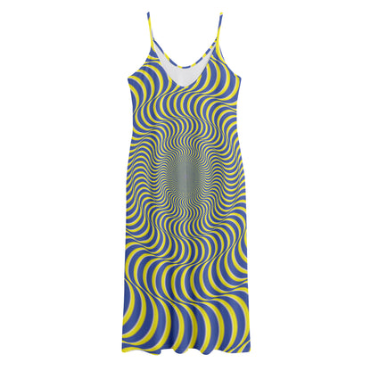 Blue And Yellow Illusory Motion Print Jersey Midi Cami Dress