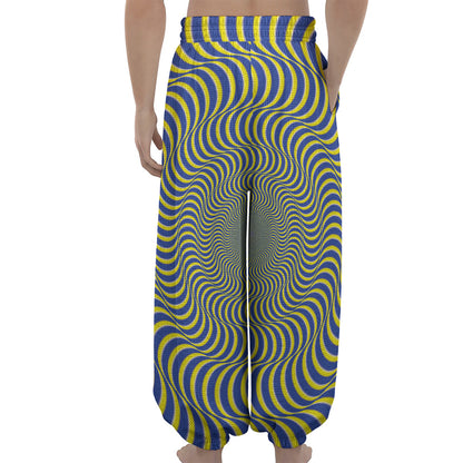 Blue And Yellow Illusory Motion Print Lantern Pants