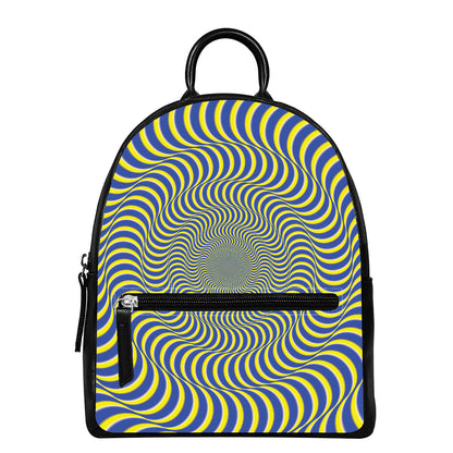 Blue And Yellow Illusory Motion Print Leather Backpack