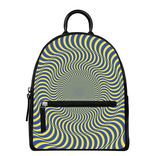 Blue And Yellow Illusory Motion Print Leather Backpack