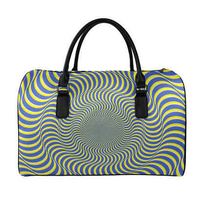 Blue And Yellow Illusory Motion Print Leather Duffle Bag