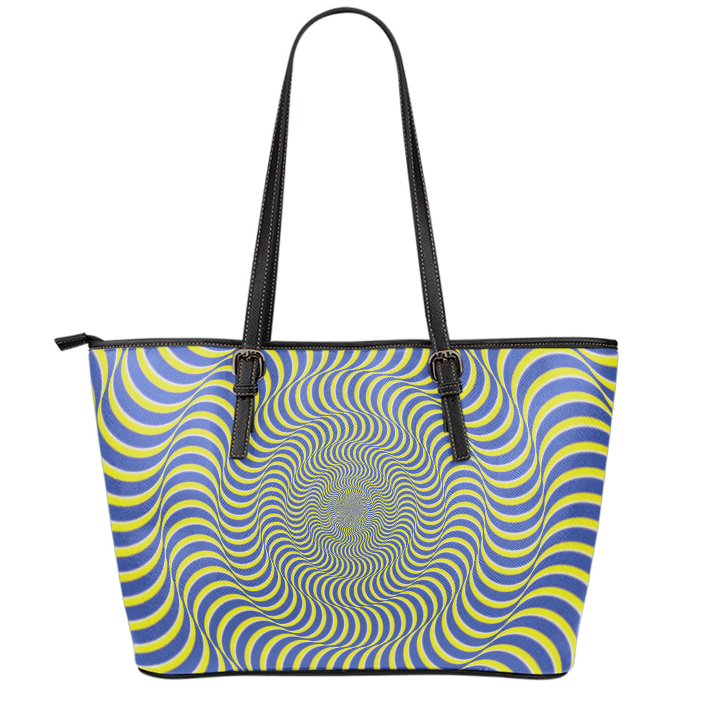 Blue And Yellow Illusory Motion Print Leather Tote Bag