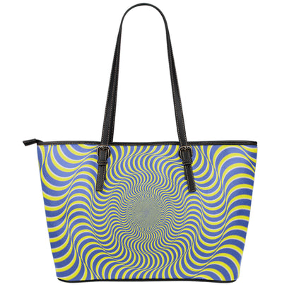 Blue And Yellow Illusory Motion Print Leather Tote Bag