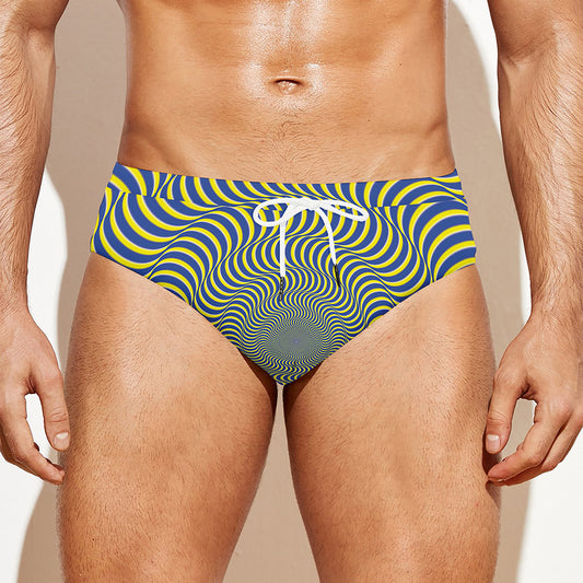 Blue And Yellow Illusory Motion Print Men's Swim Briefs