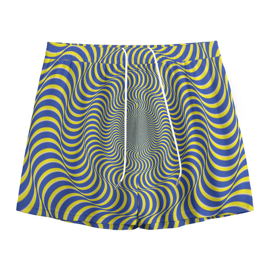 Blue And Yellow Illusory Motion Print Mesh Shorts