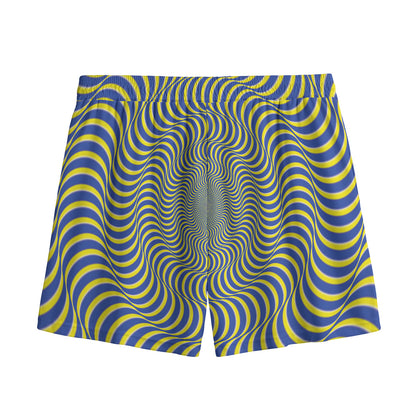Blue And Yellow Illusory Motion Print Mesh Shorts