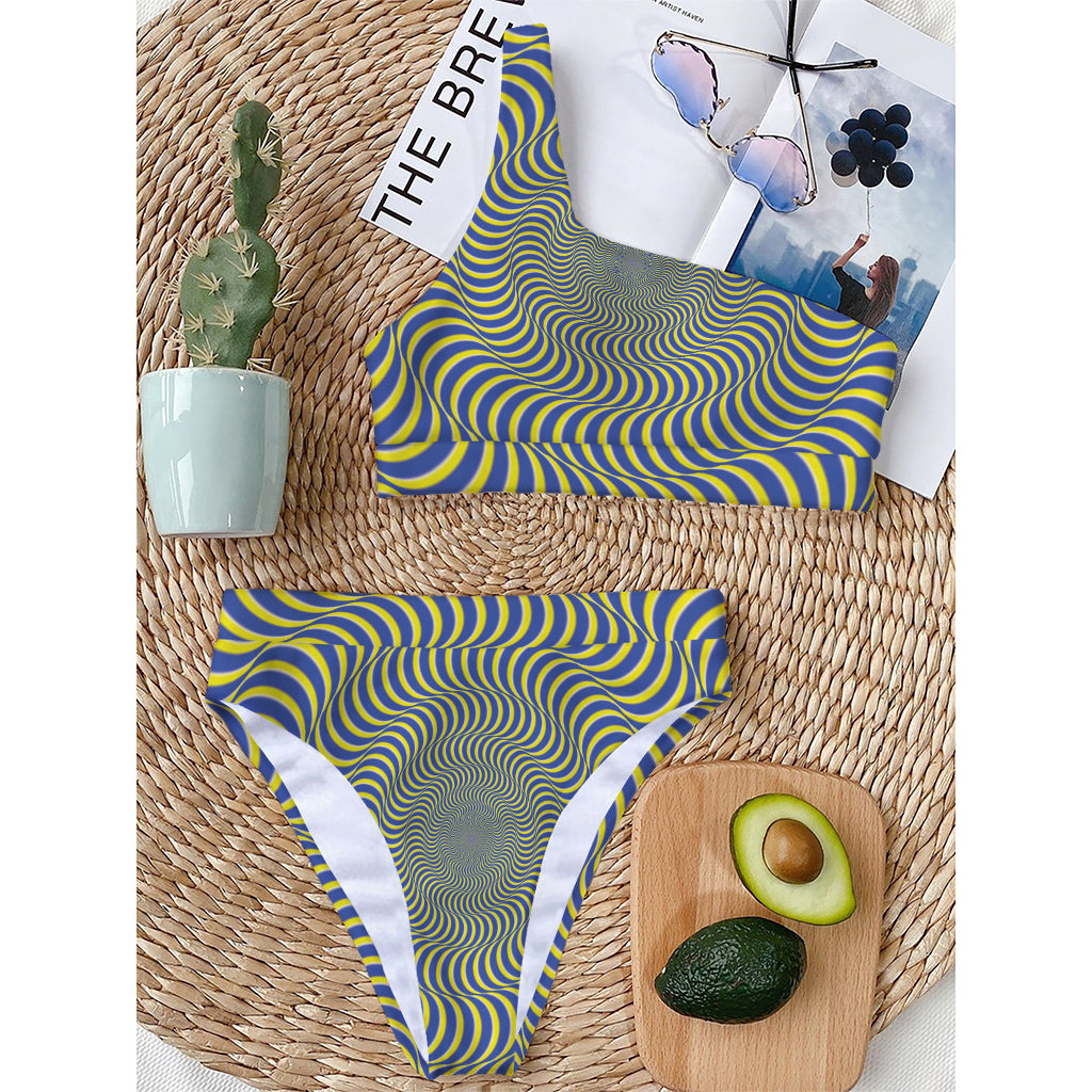Blue And Yellow Illusory Motion Print One Shoulder Bikini Top