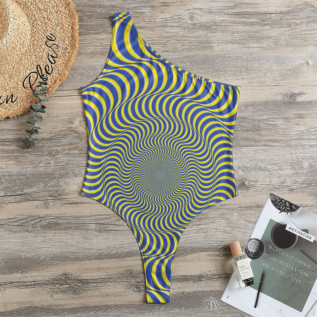 Blue And Yellow Illusory Motion Print One Shoulder Bodysuit