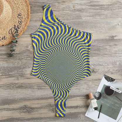 Blue And Yellow Illusory Motion Print One Shoulder Bodysuit