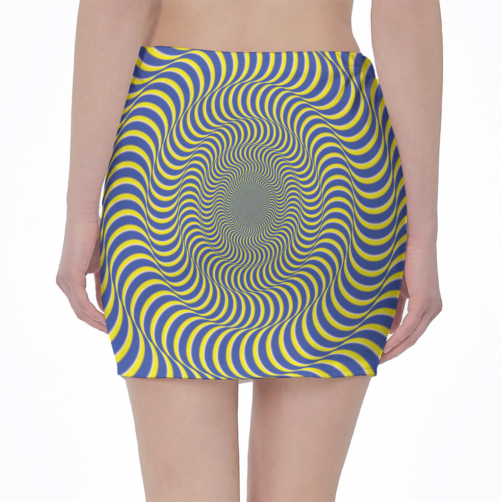 Blue And Yellow Illusory Motion Print Pencil Mini Skirt